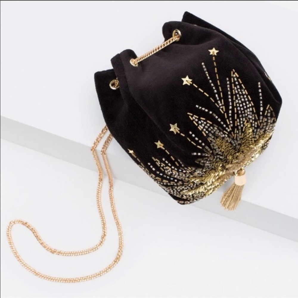 Zara beaded black velvet evening bucket bag
